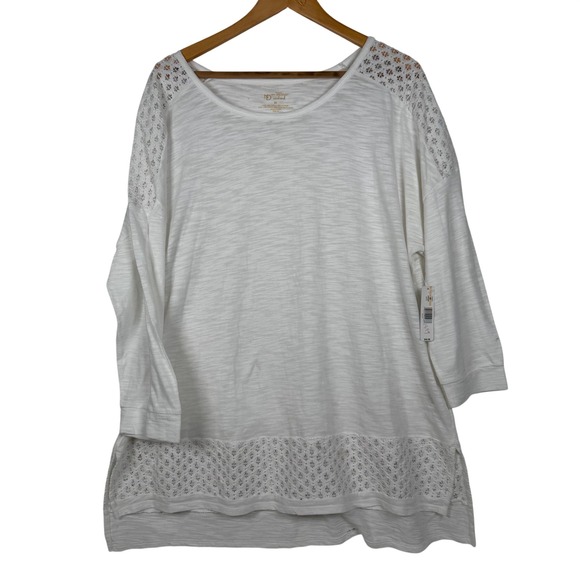 new directions Tops - New Directions Top Women 2X White Weekend Lace Trim 3/4 Sleeve Slub Knit 1706555
